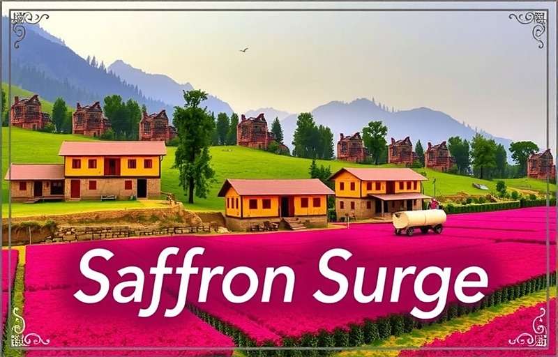 Saffron Surge Village Setting Saffron Surge village scene depicting traditional Kashmiri houses and saffron fields