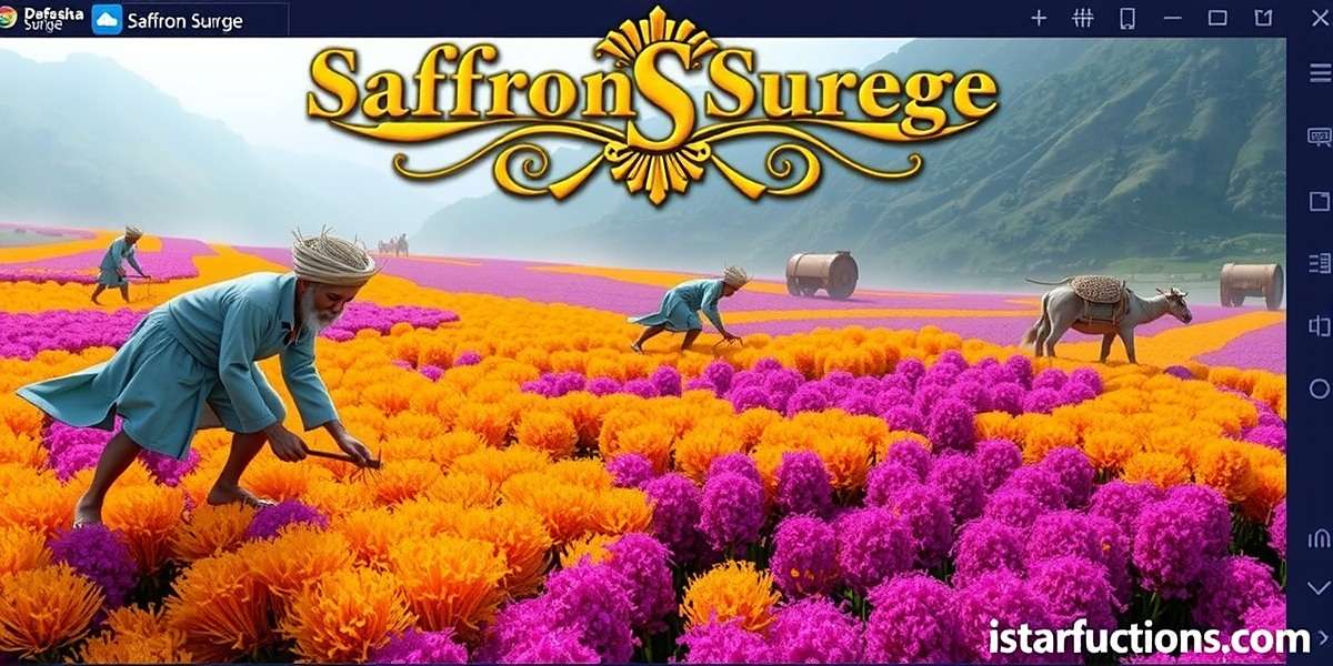 Saffron Surge Gameplay Saffron Surge game screenshot showing Kashmiri saffron fields with farmers harvesting the golden spice