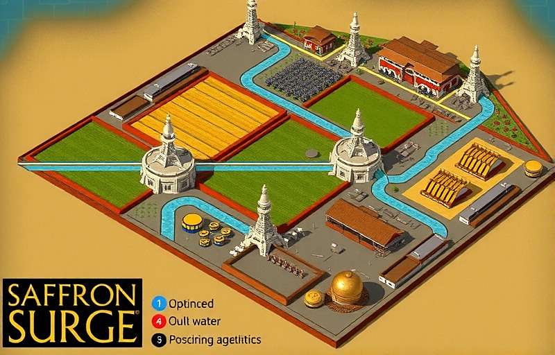 Saffron Surge Optimal Farm Design Saffron Surge advanced farm layout showing optimal field arrangement, water systems, and processing facilities